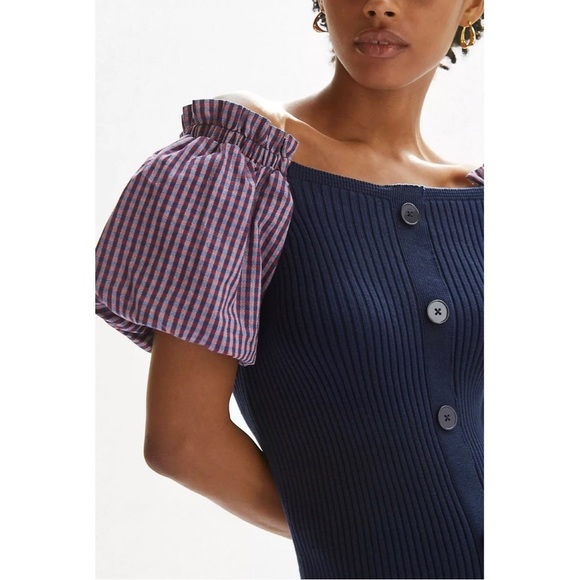 Maeve • Anthro Puff-Sleeve Mini Dress ribbed sweater gingham sleeves button - Picture 6 of 14